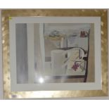 A large framed abstract print with harbour scene view from a window 46cm x 60.5cm