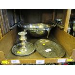 A large silver plated food warmer and a candle holder with snuffer