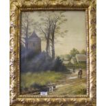 Early 20th century British School Figures on a church lane Oil on canvas, unsigned dated 1907