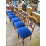 A set of six Biediermeier style dining chairs with vase shape splats and turned legs, reproduction.