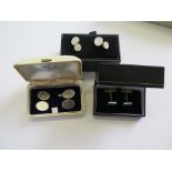 Three cased sets of silver and enamel, silver mother of pearl studs and silver cufflinks, Birmingham