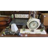 A 1920's French Art Deco marble mantel clock, the shield shape dial inscribed L. Cany, Point