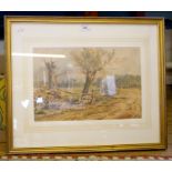 19th century English School Cattle on a lane beside a field and stream Watercolour, monogrammed M.