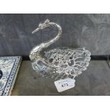 A cut glass silver mounted swan with movable wings