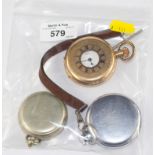 A gold plated Waltham half hunter pocket watch, another pocket watch and a compass