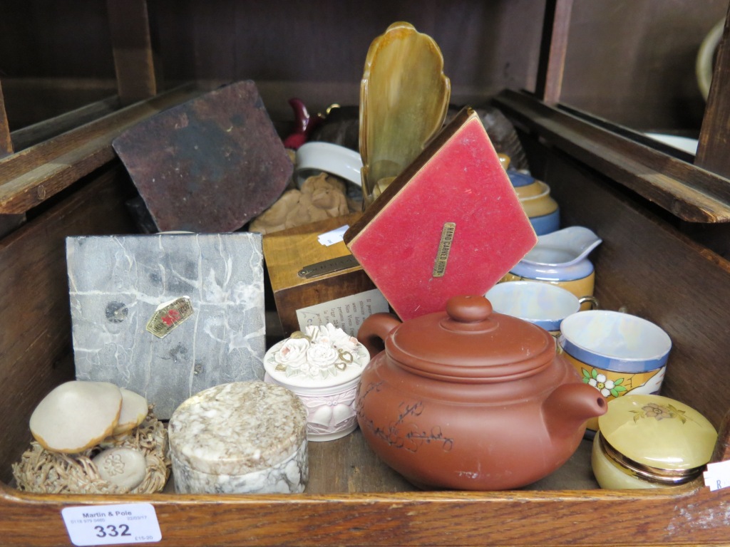 Various carved ornaments, a Japanese coffee set and trinket boxes