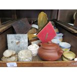 Various carved ornaments, a Japanese coffee set and trinket boxes
