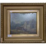 Early 19th century British School Two cattle by a farmhouse Oil on panel, unsigned 21cm x 26cm