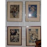 Four Japanese woodblock prints depicting Samurai and ladies, 35cm x 25cm (4)
