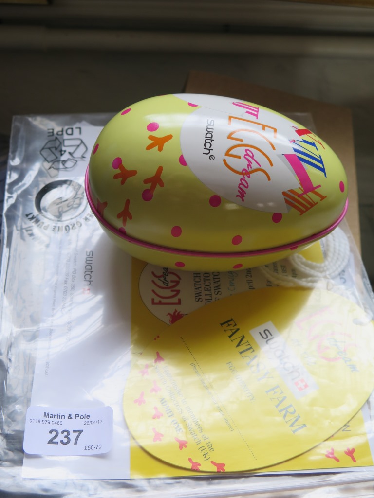 Swatch: 'Eggs Dream' wristwatch with original packaging and Fantasy Farm ticket, and 'Looka 1996'