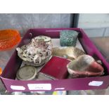 A collection of collectables to include soapstone, compass, spirit flask, etc