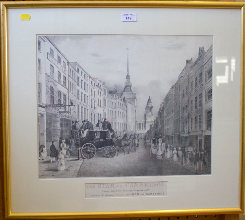 An engraving depicting 'The Star of Cambridge' leaving the Bell Sauvage Ludgate Hill en route to