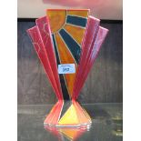 An Anita Harris Art Deco style fan shape vase in red and orange, with sunburst decoration, signed on