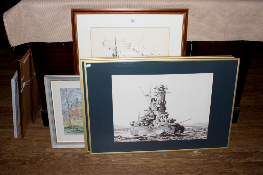 After Elio Ando Three lithographs depicting World War II battleships 38cm x 50cm a pastel of