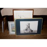 After Elio Ando Three lithographs depicting World War II battleships 38cm x 50cm a pastel of