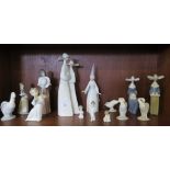 Thirteen Lladro figures, including a female wizard, nuns and geese, and a Nao figure of a goose (