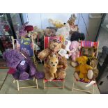 A collection of teddy bears, including a Steiff 000447 bear and deckchairs