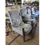 A pair of stained beech damask upholstered armchairs (2)