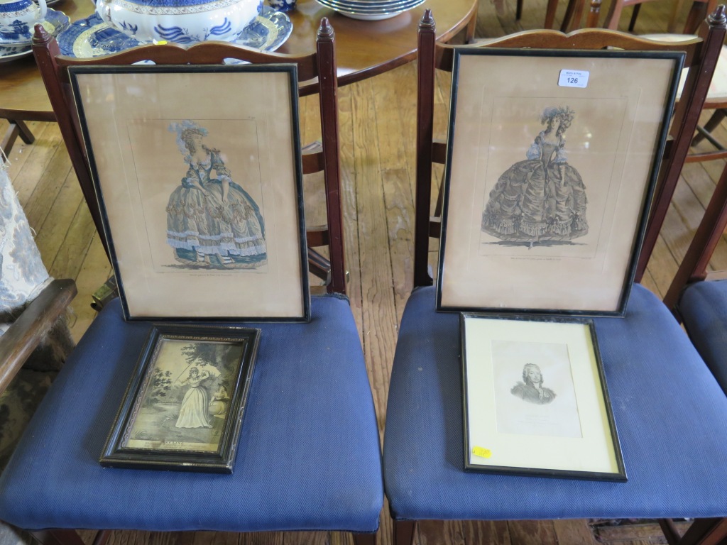 Two prints of 19th century French costume by Dupin Fils 29cm x 20cm and two other prints