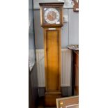 An oak grandmother clock, with silvered chapter ring and bronzed spandrals, the three train Smiths