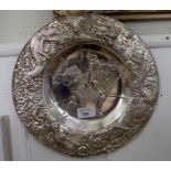A silver pplated Japanese plate, depicting a Samurai within a dragon border Estimate needed