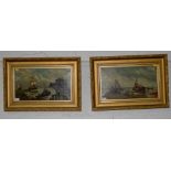 Late 19th century Dutch school Boats on a shoreline - a pair Oil on canvas, unsigned 27cm x 47cm (