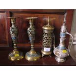 A pair of Turkish champs leve enamel and brass vases, 23cm high, an ornamental coffee pot and a