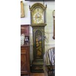 A George III green lacquer longcase clock, the domed hood over an arched trunk door and plinth