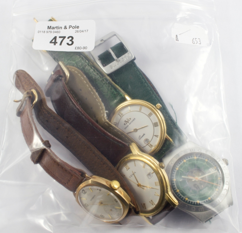 Four gentlemen's wristwatches to include a 9 carat gold Garrard, a Swatch, and two others