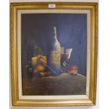 M. Morgan Still life of Wine, fruit and cheese Oil on canvas, signed 50cms x 39cms