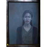 L. Rook Portrait of a lady in blue Oil on board, signed and dated 2004 verso 66cm x 45cm