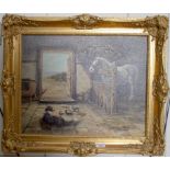 Donna Crawshaw Horse and pig in a stable Oil on canvas, signed 40cm x 50cm