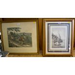 An engraving of a boat in harbour in choppy waters unsigned 30cm x 21cm and another print of a stage