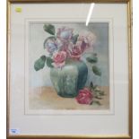 Indistinctly signed Still life of roses in a green pottery vase Watercolour 34.5cm x 32.5cm