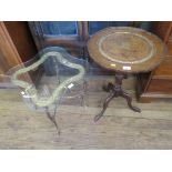 A glass top gilt metal occasional table, with scrolled supports, 50cm square, 46cm high, and a