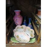 A pair of Wilton ware vases, two Victorian lustre glass dishes, two opaque glass vases and other
