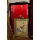 Three Chinese silk prints Each depicting a boy and an elder 38cm x 26cm And a Chinese embroidered
