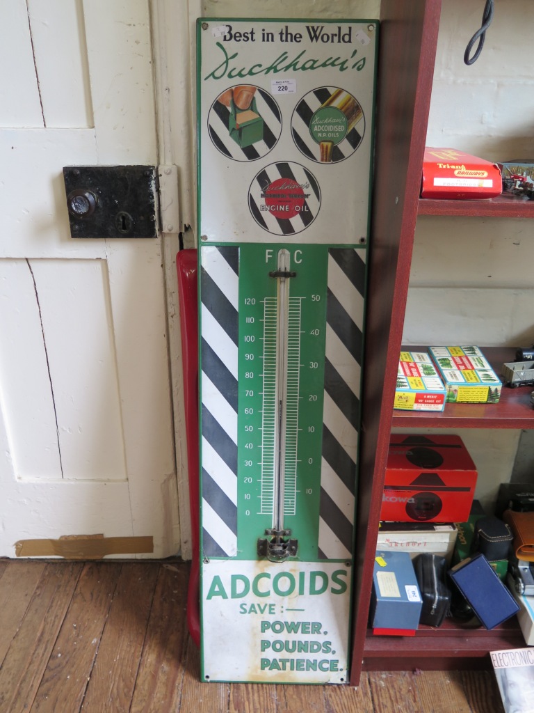 A Duckhams oil 'Adcoid' thermometer enamel sign, 115cm high