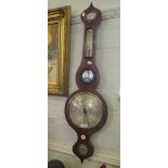 A Regency painted rosewood banjo barometer, with hygrometer, thermometer, convex mirror and silvered