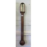 An early 19th century rosewood stick barometer, the silvered arched gauge with thermometer inscribed