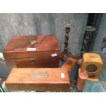 A walnut sewing box, an oak glove box, other boxes and a pair of barley twist candlesticks
