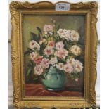 G. Vermeer Still life of pink flowers in a green vase Oil on board 23cm x 17cm