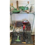 A Spong & Co Bean Slicer no.102 and no.633, butter paddles and other kitchenalia including glass