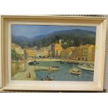 Godwin Bennett (1888-1950) Italian harbour scene with mountains beyond Oil on canvas, signed, 50cm x