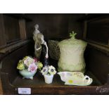 A Belleek style shell shape biscuit barrel 19cm high, a Royal Worcester figure and other ornaments