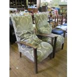 A pair of stained beech damask upholstered armchairs (2)