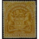 Postage Stamp: Rhodesia British South Africa Company Twenty Pounds stamp in yellow, 1898 - 1908