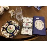 A pair of Booths Worcester scale blue style plates, a Spode dressing table set, a Copeland