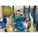 A set of three graduated blue glass spill vases, four various pink glass vases and various other