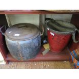 A leather fire bucket and an iron cooking pot with enamel interior 40cm diameter (2)